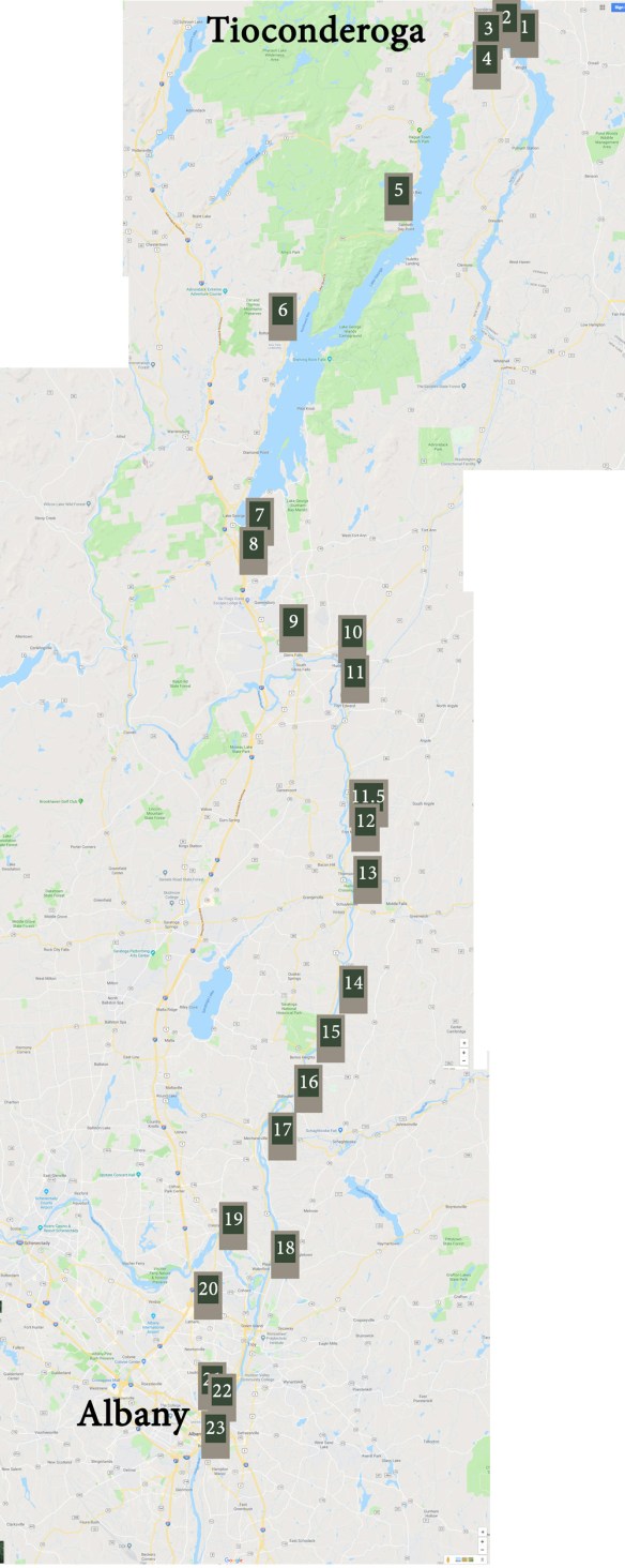 Map of Markers 1-23 of the Henry Knox Trail