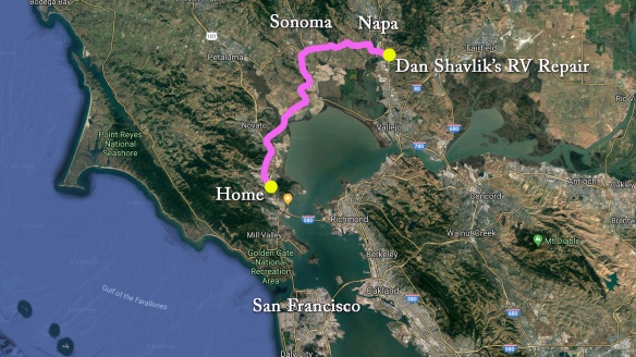 Map of Route from Marin County to Napa Valley